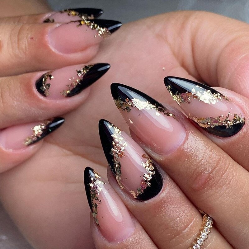 24pc detachable long Stiletto fake nails with Glitter designs french false nails with glue artificial press on nails almond long 525