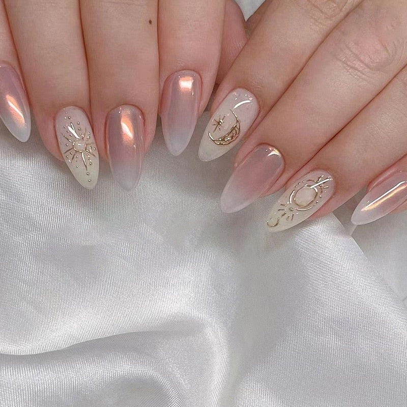 24pc detachable long Stiletto fake nails with Glitter designs french false nails with glue artificial press on nails almond long 821