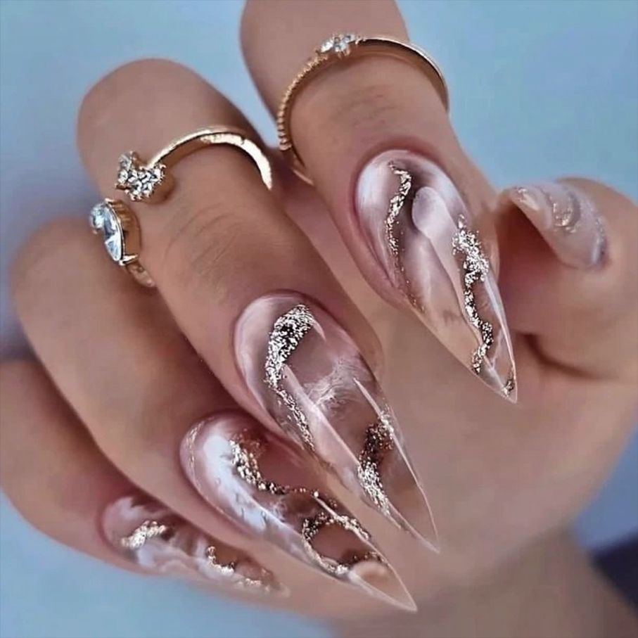 24pc detachable long Stiletto fake nails with Glitter designs french false nails with glue artificial press on nails almond long WM-28