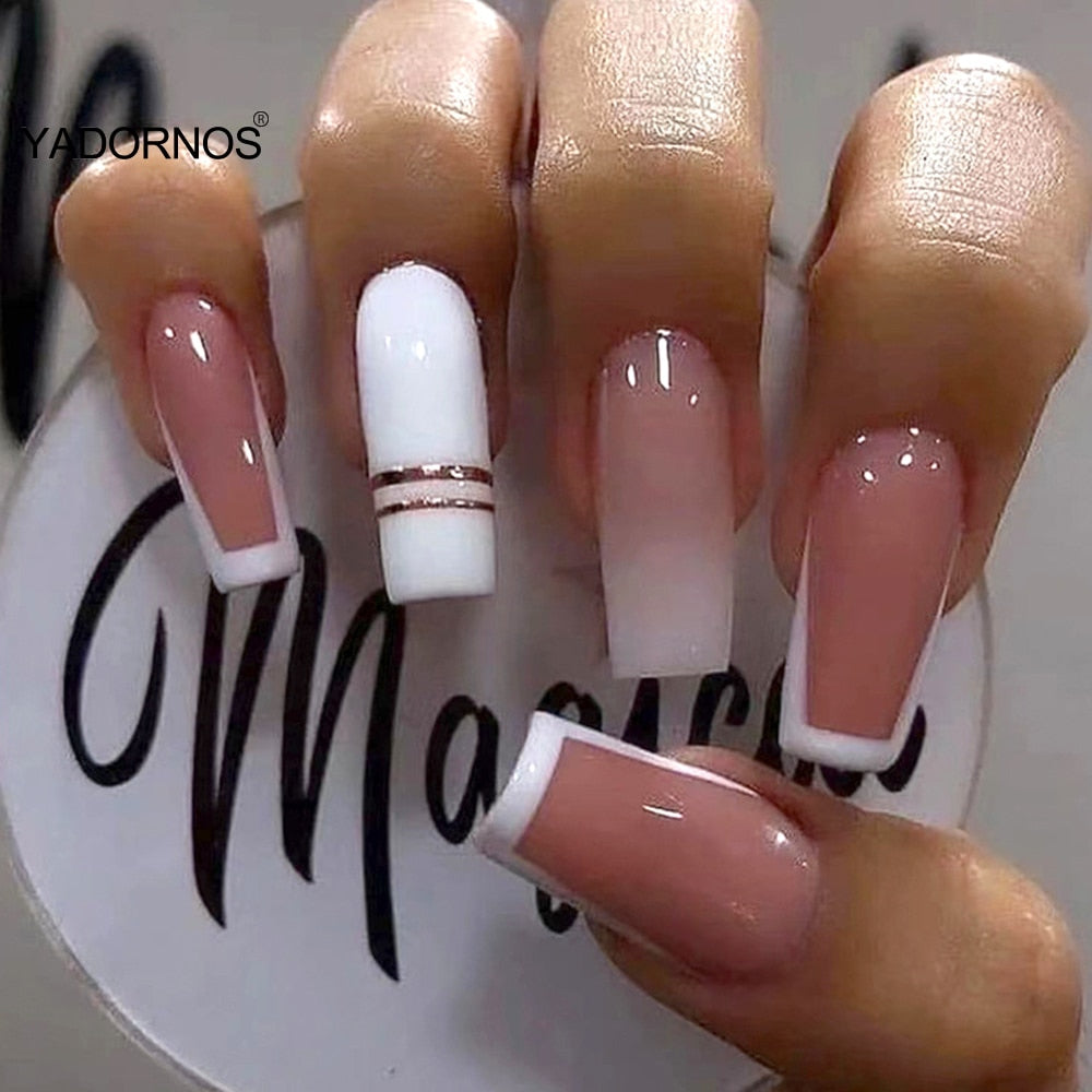 24pcs Ballerina Fake Nail DIY Gradient Pink and White Color French Full Cover Stick on Nail Patch Long Coffin False Nail Tips Basso & Brooke