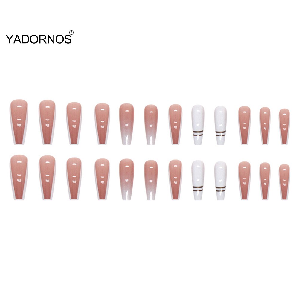 24pcs Ballerina Fake Nail DIY Gradient Pink and White Color French Full Cover Stick on Nail Patch Long Coffin False Nail Tips