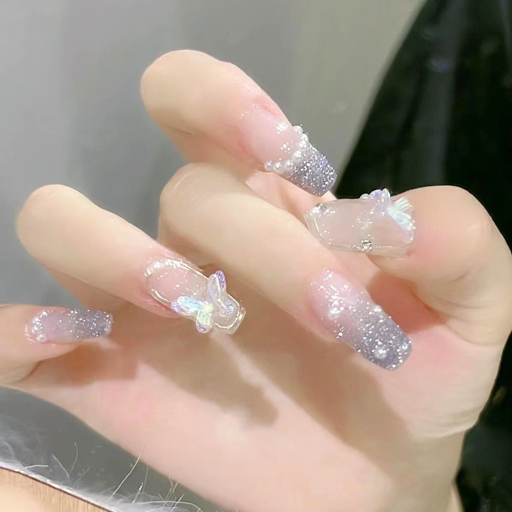24pcs Ballet False Nail Full Cover Fake Nail Butterfly Love Nails Tip French Coffin Nails Press on Nails CZ044