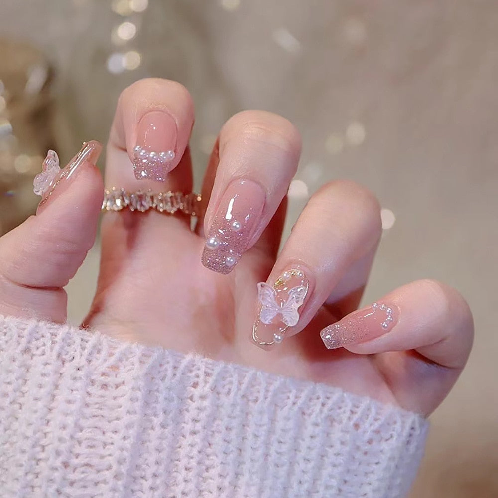 24pcs Ballet False Nail Full Cover Fake Nail Butterfly Love Nails Tip French Coffin Nails Press on Nails