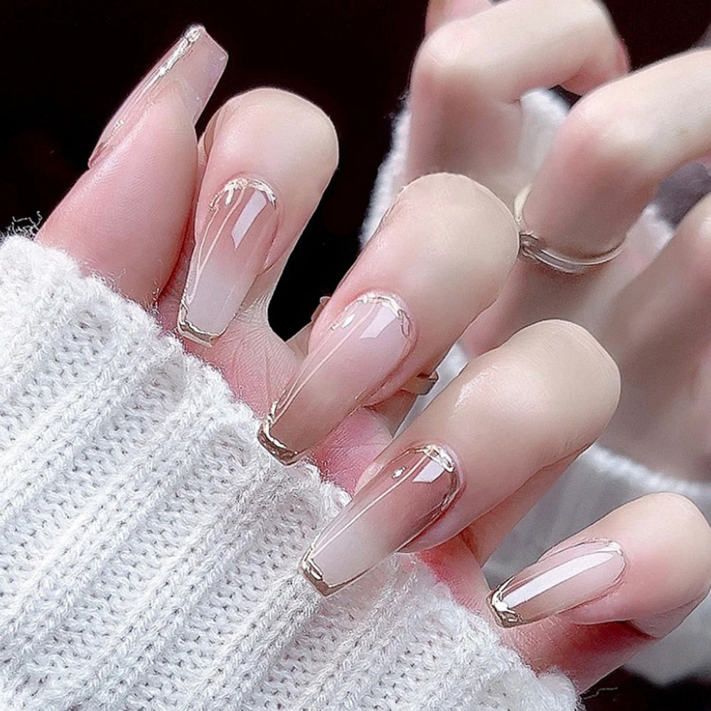 24pcs Ballet False Nail Full Cover Fake Nail Butterfly Love Nails Tip French Coffin Nails Press on Nails CY314