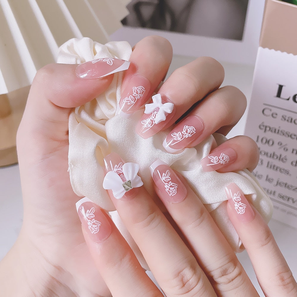 24pcs Ballet False Nail Full Cover Fake Nail Butterfly Love Nails Tip French Coffin Nails Press on Nails