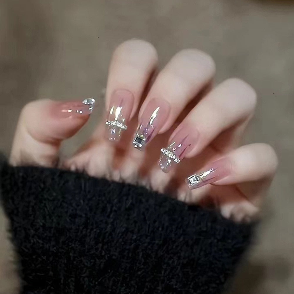 24pcs Ballet False Nail Full Cover Fake Nail Butterfly Love Nails Tip French Coffin Nails Press on Nails DZ073