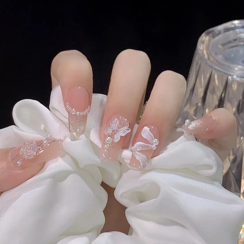24pcs Ballet False Nail Full Cover Fake Nail Butterfly Love Nails Tip French Coffin Nails Press on Nails CZ078