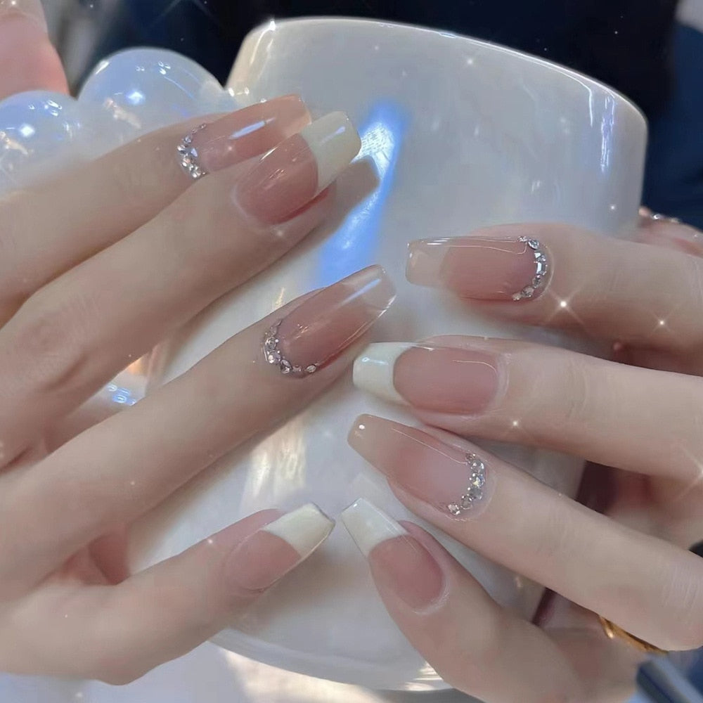 24pcs Ballet False Nail Full Cover Fake Nail Butterfly Love Nails Tip French Coffin Nails Press on Nails DZ169