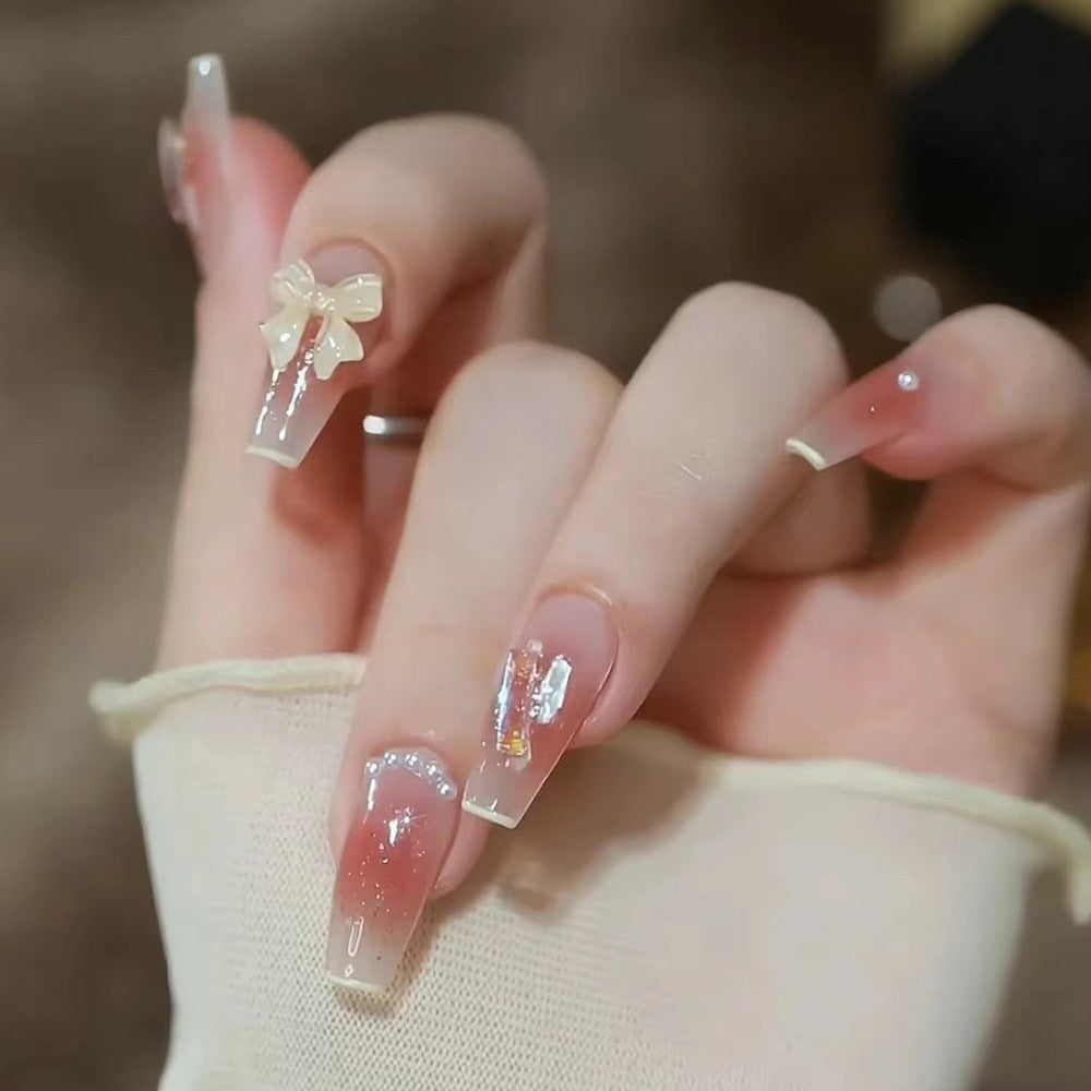 24pcs Ballet False Nail Full Cover Fake Nail Butterfly Love Nails Tip French Coffin Nails Press on Nails CZ021