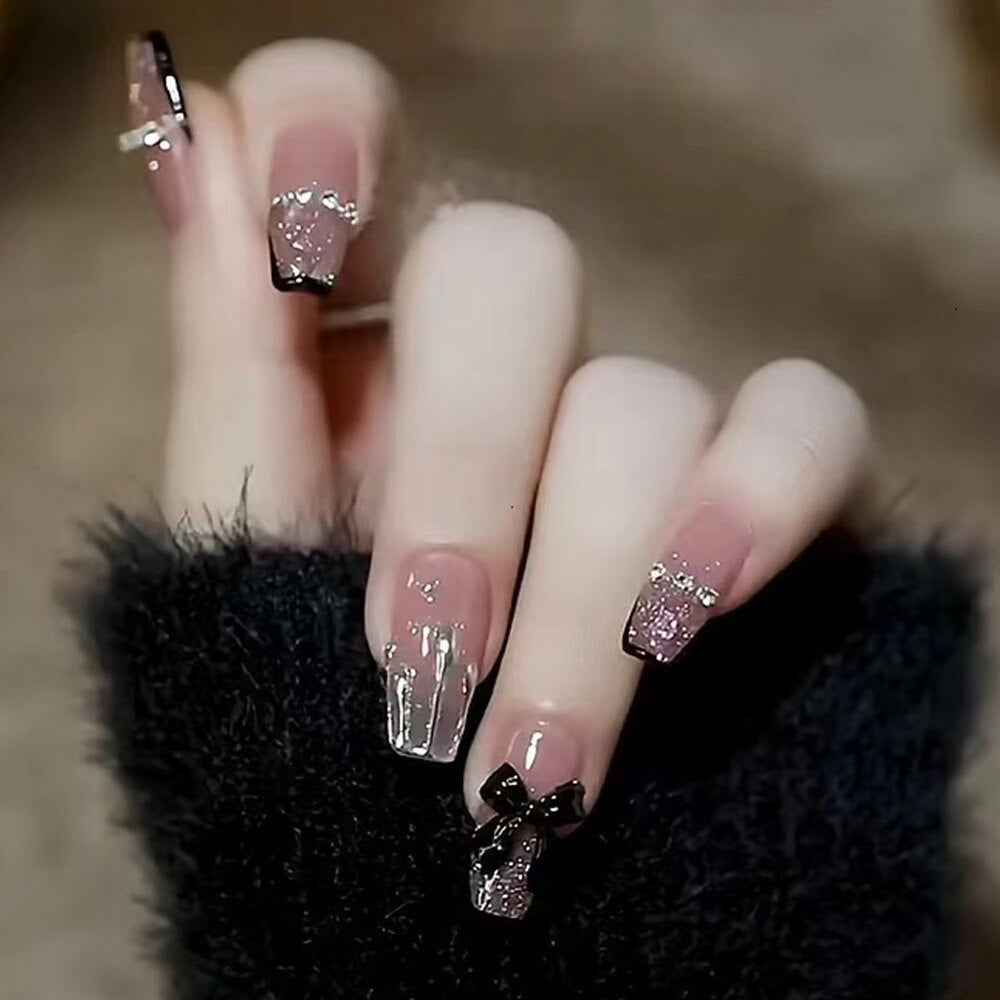 24pcs Ballet False Nail Full Cover Fake Nail Butterfly Love Nails Tip French Coffin Nails Press on Nails DZ072