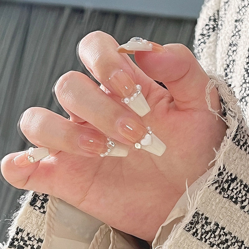 24pcs Ballet False Nail Full Cover Fake Nail Butterfly Love Nails Tip French Coffin Nails Press on Nails CZ070