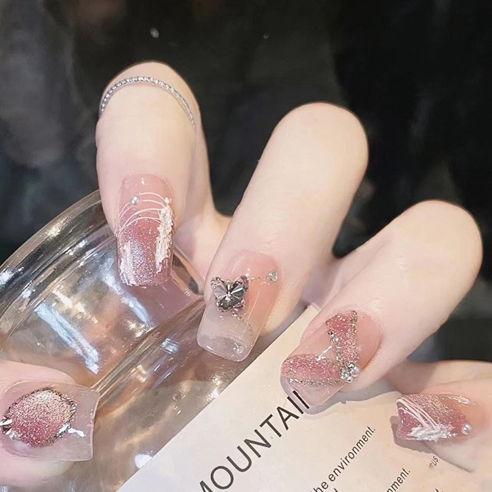 24pcs Ballet False Nail Full Cover Fake Nail Butterfly Love Nails Tip French Coffin Nails Press on Nails DZ187