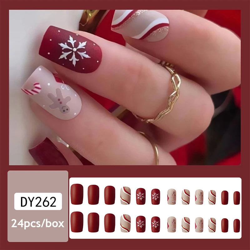 24pcs Christmas False Nail Long Ballet Nail Extension Full Cover Manicure Snowman Wearable Press On Fake Nails Women Nail Decor D2