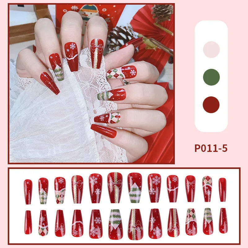 24pcs Christmas False Nail Long Ballet Nail Extension Full Cover Manicure Snowman Wearable Press On Fake Nails Women Nail Decor B2