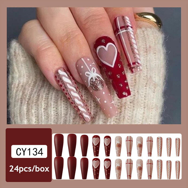 24pcs Christmas False Nail Long Ballet Nail Extension Full Cover Manicure Snowman Wearable Press On Fake Nails Women Nail Decor D8