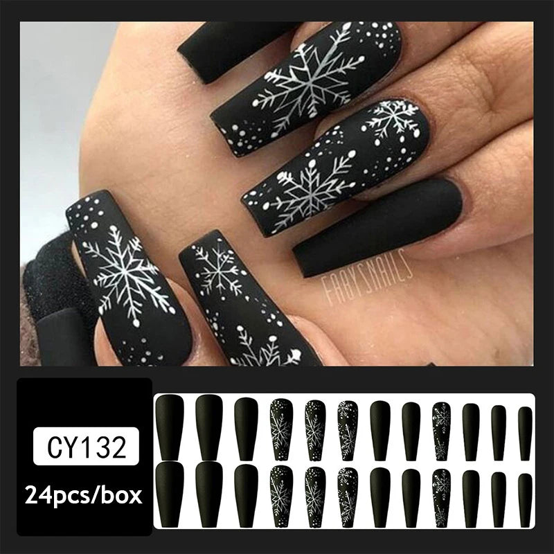 24pcs Christmas False Nail Long Ballet Nail Extension Full Cover Manicure Snowman Wearable Press On Fake Nails Women Nail Decor D5