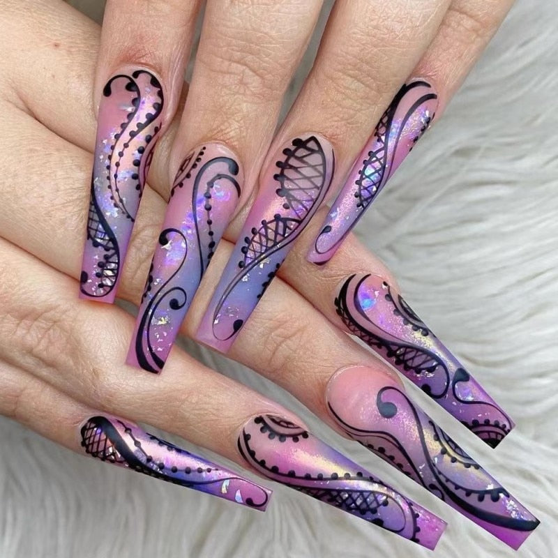 24pcs Detachable XL Ballerina flower artificial nails with designs Full Cover French fake nails set press on diamond false nails EB-15