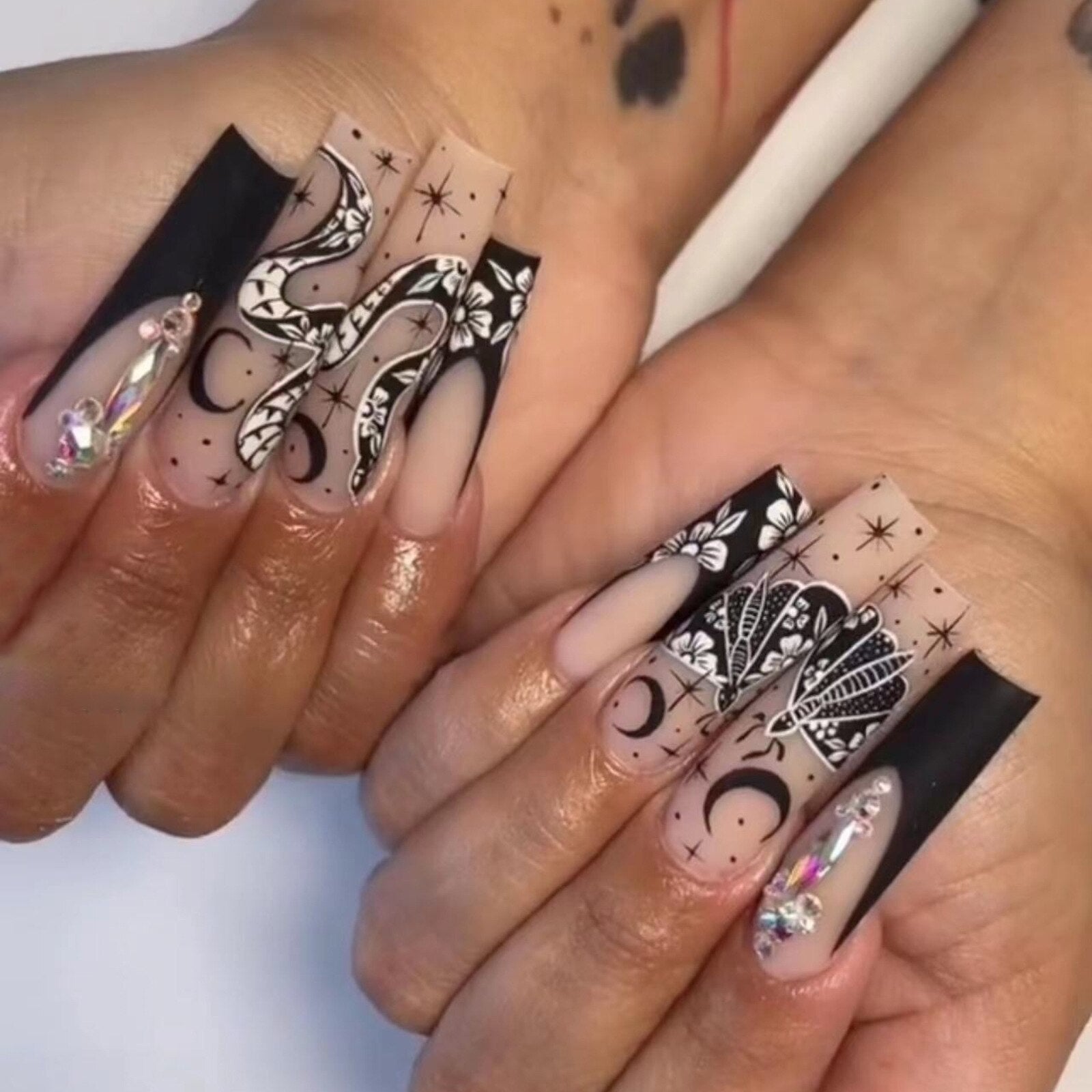 24pcs Detachable XL Ballerina flower artificial nails with designs Full Cover French fake nails set press on diamond false nails CJ-07