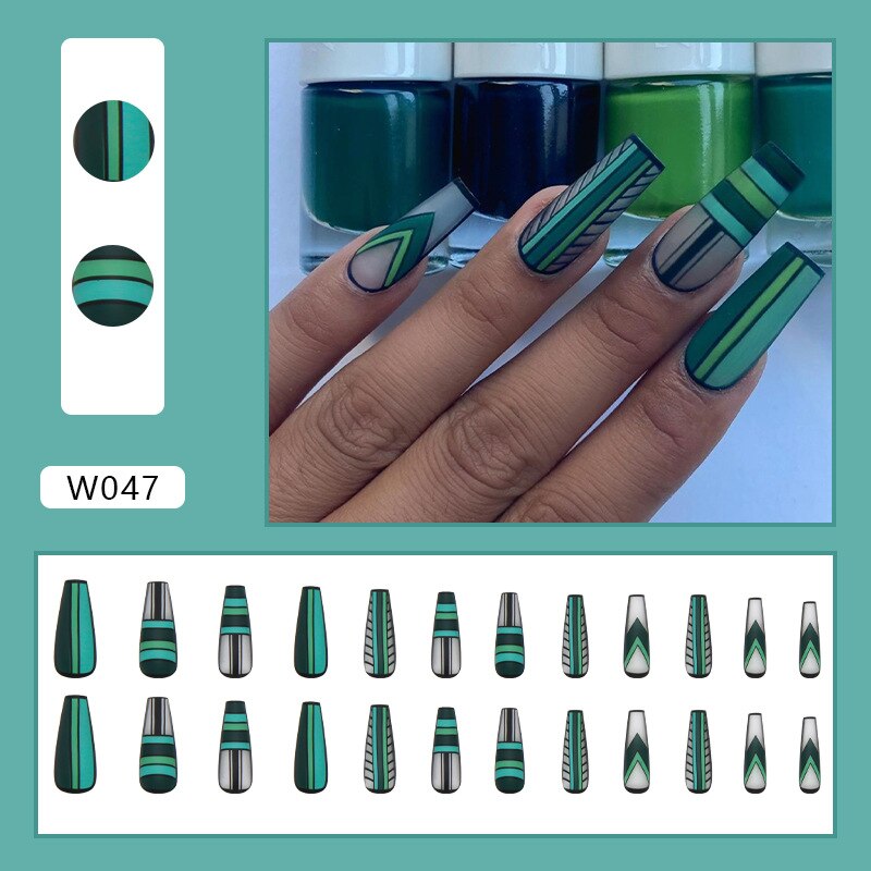 24pcs Douyin 2023 Nail Press on Long Ballet False Nails Extension Tip Reusable Adhesive Y2k Pink Black Sweet Cool Style Manicure W047 Green Plaid Glu