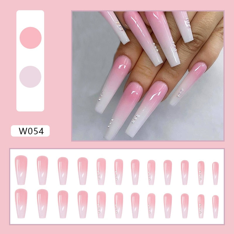 24pcs Douyin 2023 Nail Press on Long Ballet False Nails Extension Tip Reusable Adhesive Y2k Pink Black Sweet Cool Style Manicure W054 Pearl Gradient