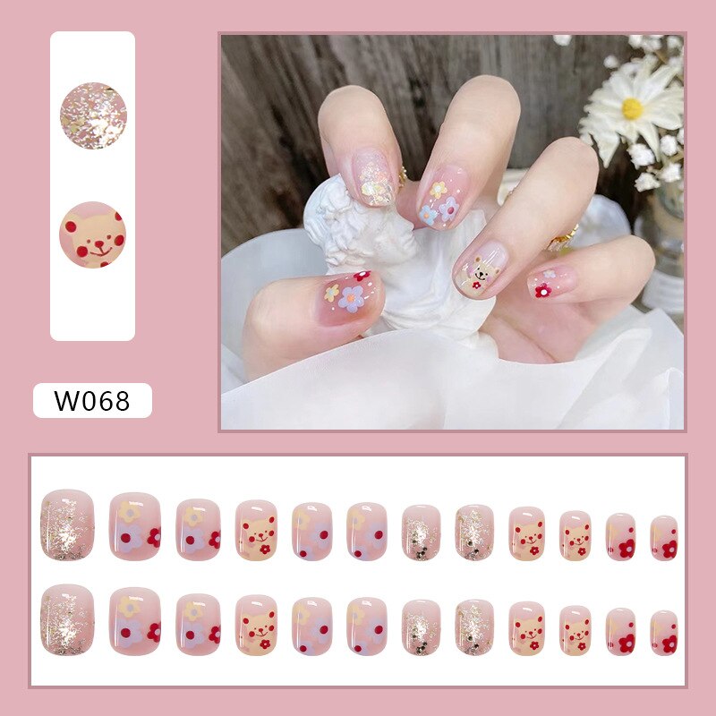 24pcs Douyin 2023 Nail Press on Long Ballet False Nails Extension Tip Reusable Adhesive Y2k Pink Black Sweet Cool Style Manicure W068 Dream Flower Gl