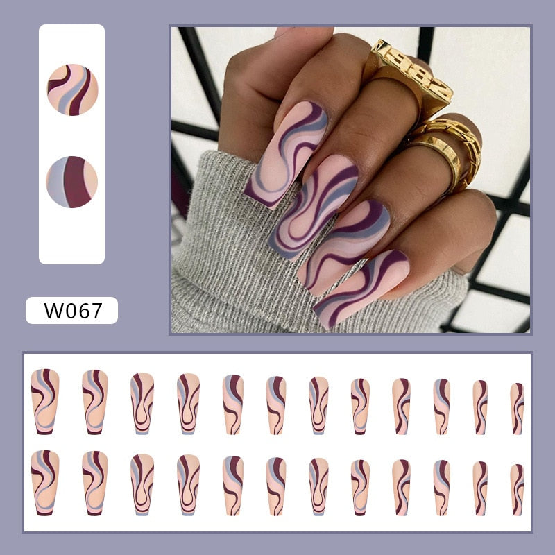 24pcs Douyin 2023 Nail Press on Long Ballet False Nails Extension Tip Reusable Adhesive Y2k Pink Black Sweet Cool Style Manicure W067 Wave Line Glue