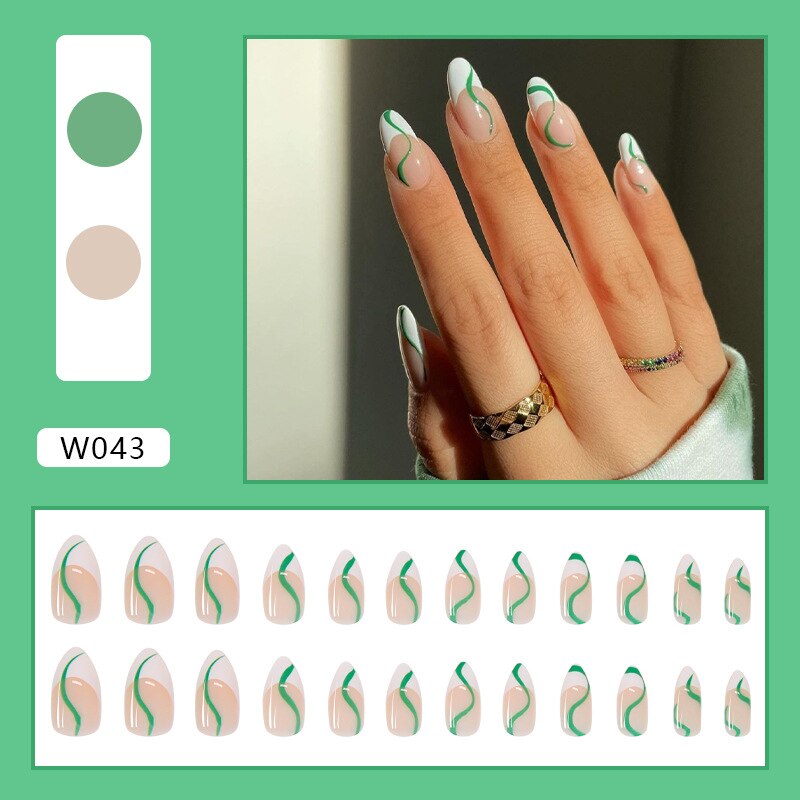 24pcs Douyin 2023 Nail Press on Long Ballet False Nails Extension Tip Reusable Adhesive Y2k Pink Black Sweet Cool Style Manicure W043 Green Lines Glu