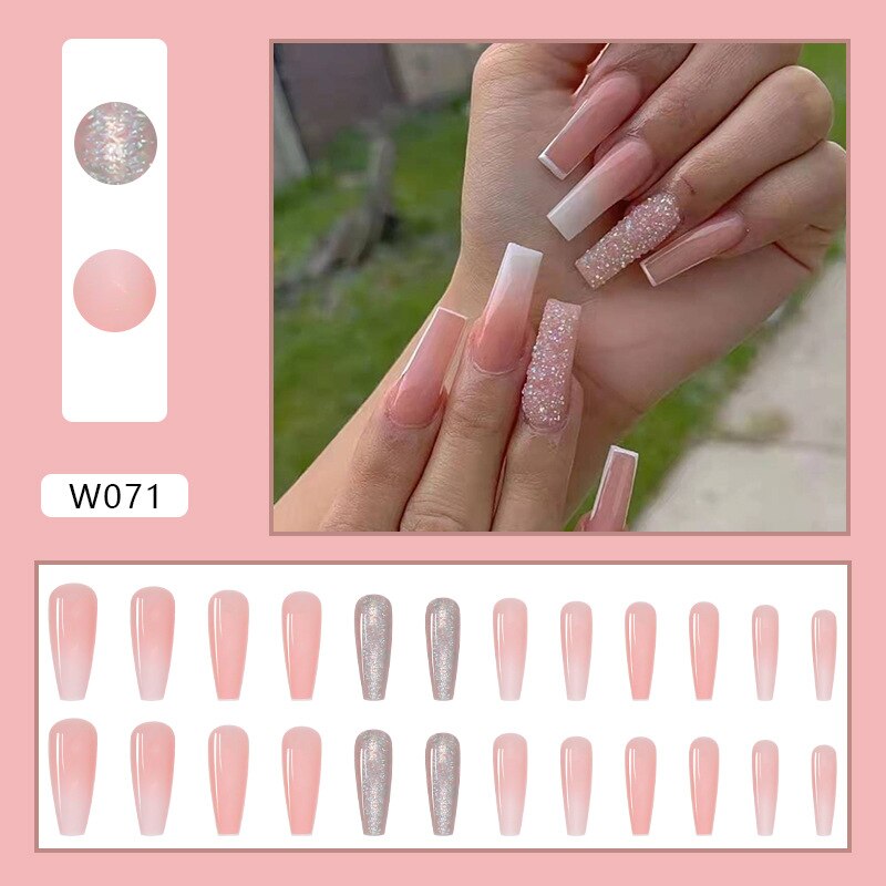 24pcs Douyin 2023 Nail Press on Long Ballet False Nails Extension Tip Reusable Adhesive Y2k Pink Black Sweet Cool Style Manicure W071 Pink Diamond in