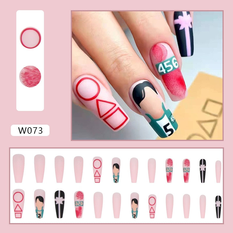 24pcs Douyin 2023 Nail Press on Long Ballet False Nails Extension Tip Reusable Adhesive Y2k Pink Black Sweet Cool Style Manicure W073 Digital Game Gl