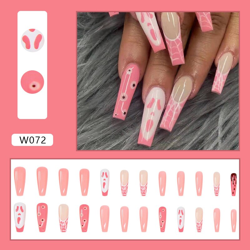 24pcs Douyin 2023 Nail Press on Long Ballet False Nails Extension Tip Reusable Adhesive Y2k Pink Black Sweet Cool Style Manicure W072 Funny Face Glue