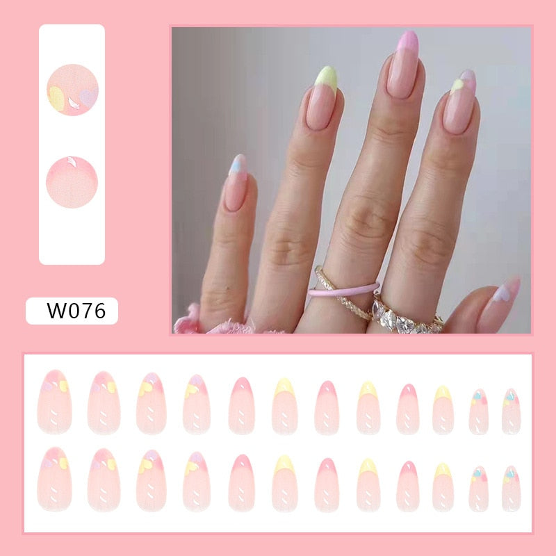 24pcs Douyin 2023 Nail Press on Long Ballet False Nails Extension Tip Reusable Adhesive Y2k Pink Black Sweet Cool Style Manicure W076 Macaron Color G