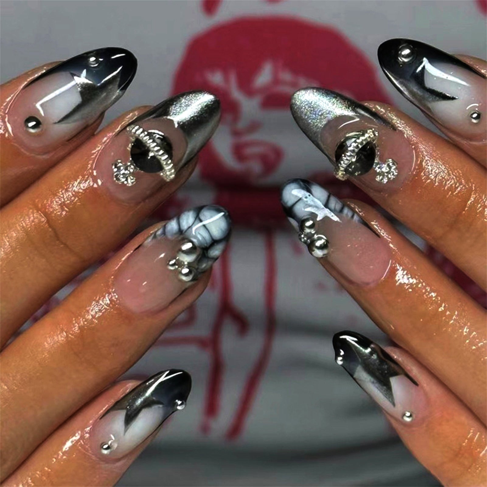 24pcs Fake Nails Press on Nails Y2k Korean False Nails Set Rhinestone Wearable Artificial Nails Reusable Long Coffin French Tips style12