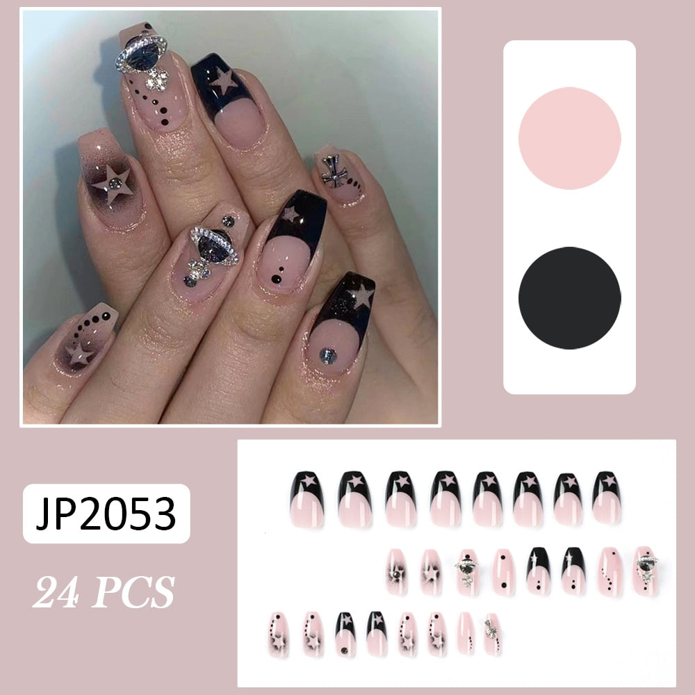 24pcs Fake Nails Press on Nails Y2k Korean False Nails Set Rhinestone Wearable Artificial Nails Reusable Long Coffin French Tips