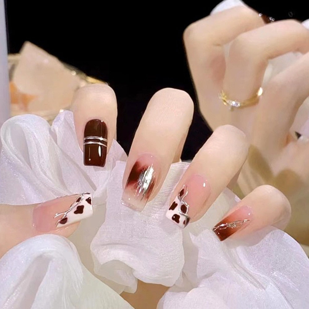 24pcs False Nail French Gold Coffee Color Coffin Fake Nail Patch Wearable Full Cover Nails for Girl Press on Nail Tips Wholesale Spain L7