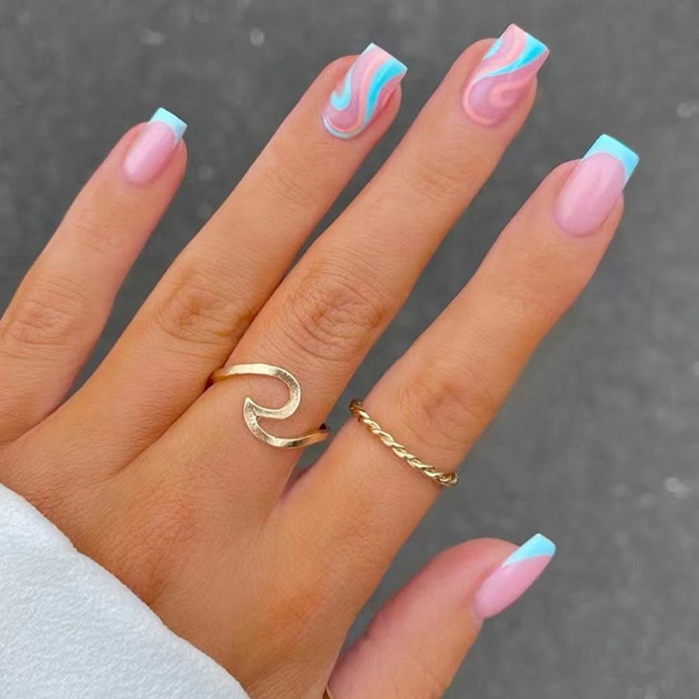 24pcs False Nail Full Cover Fake Nail Elegant Pink Gradient Glitter French Short Nails Coffin Short False Nail Press On Nails C6