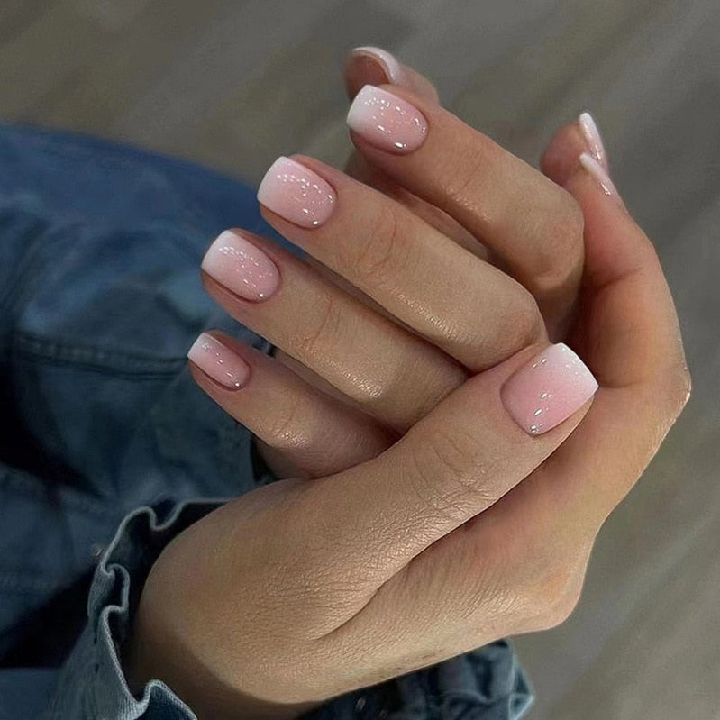 24pcs False Nail Full Cover Fake Nail Elegant Pink Gradient Glitter French Short Nails Coffin Short False Nail Press On Nails AA9