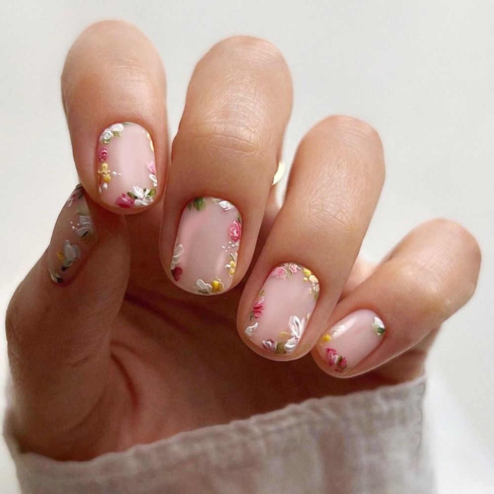 24pcs False Nail Full Cover Fake Nail Elegant Pink Gradient Glitter French Short Nails Coffin Short False Nail Press On Nails 2023-14