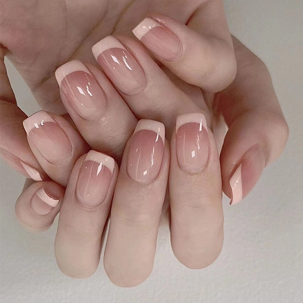 24pcs False Nail Full Cover Fake Nail Elegant Pink Gradient Glitter French Short Nails Coffin Short False Nail Press On Nails 2023-3