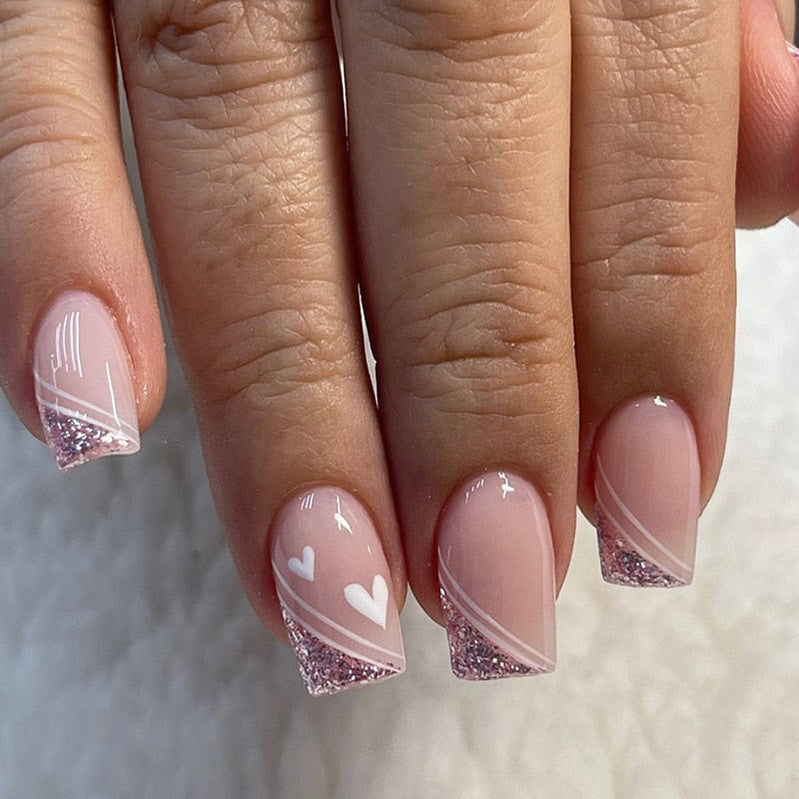 24pcs False Nail Full Cover Fake Nail Elegant Pink Gradient Glitter French Short Nails Coffin Short False Nail Press On Nails 2023-10