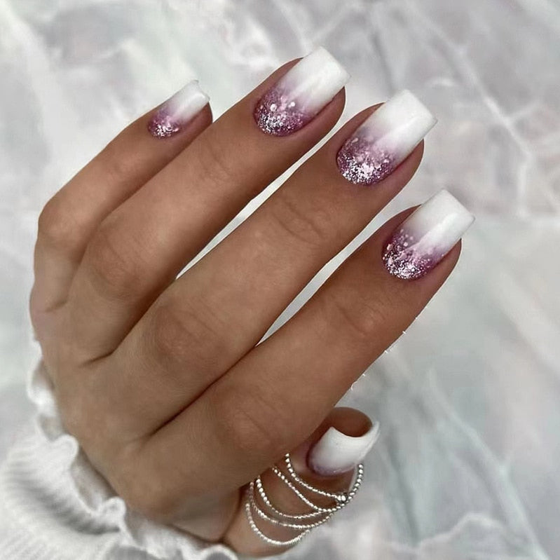 24pcs False Nail Full Cover Fake Nail Elegant Pink Gradient Glitter French Short Nails Coffin Short False Nail Press On Nails C3