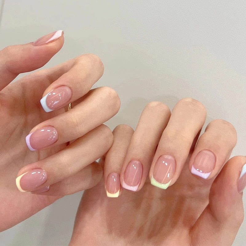 24pcs False Nail Full Cover Fake Nail Elegant Pink Gradient Glitter French Short Nails Coffin Short False Nail Press On Nails AA5