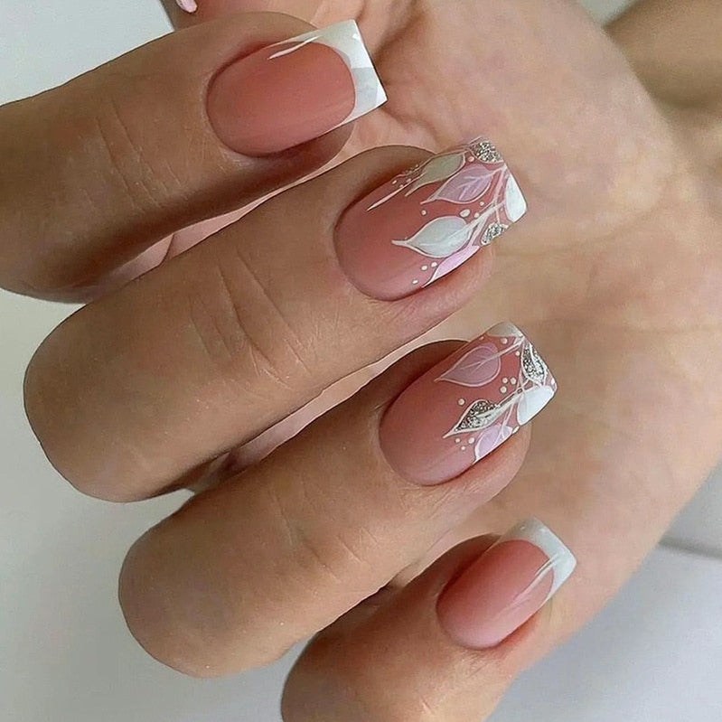 24pcs False Nail Full Cover Fake Nail Elegant Pink Gradient Glitter French Short Nails Coffin Short False Nail Press On Nails AA10
