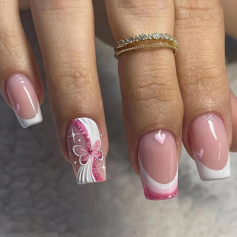 24pcs False Nail Full Cover Fake Nail Elegant Pink Gradient Glitter French Short Nails Coffin Short False Nail Press On Nails A9