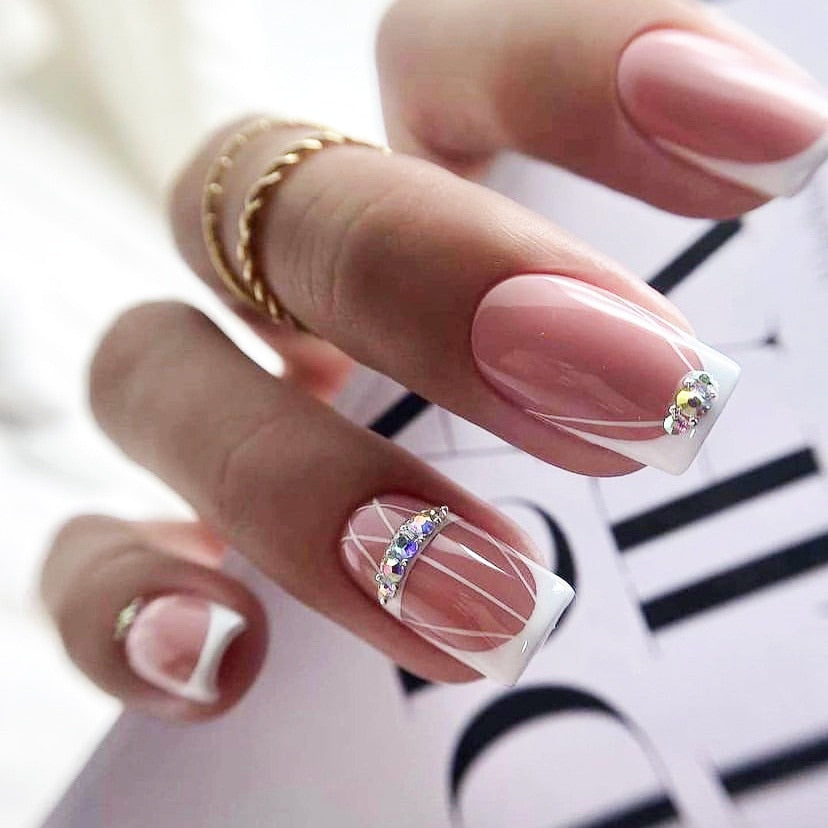 24pcs False Nail Full Cover Fake Nail Elegant Pink Gradient Glitter French Short Nails Coffin Short False Nail Press On Nails AA3