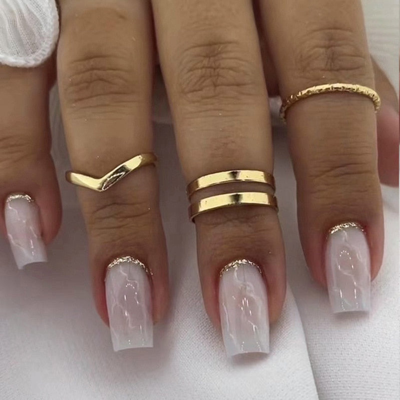 24pcs False Nail Full Cover Fake Nail Elegant Pink Gradient Glitter French Short Nails Coffin Short False Nail Press On Nails AA6