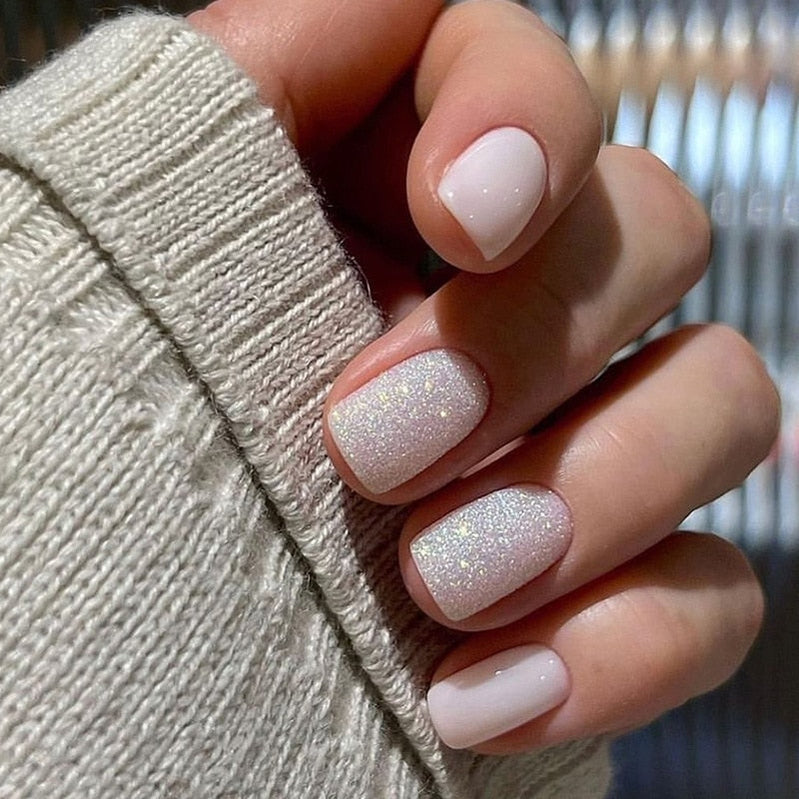 24pcs False Nail Full Cover Fake Nail Elegant Pink Gradient Glitter French Short Nails Coffin Short False Nail Press On Nails 2023-13