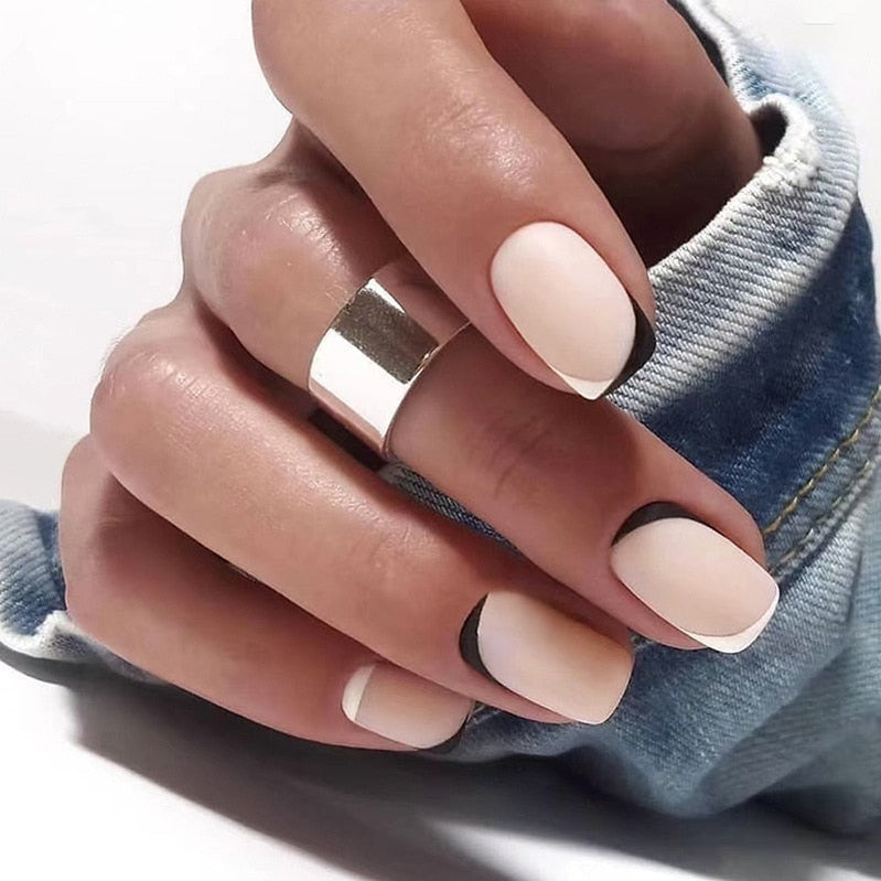 24pcs False Nail Full Cover Fake Nail Elegant Pink Gradient Glitter French Short Nails Coffin Short False Nail Press On Nails AA11