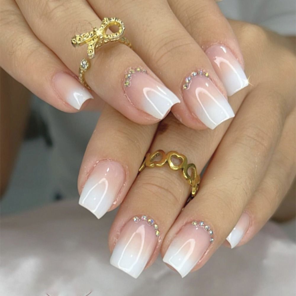 24pcs False Nail Full Cover Fake Nail Elegant Pink Gradient Glitter French Short Nails Coffin Short False Nail Press On Nails 2023-1