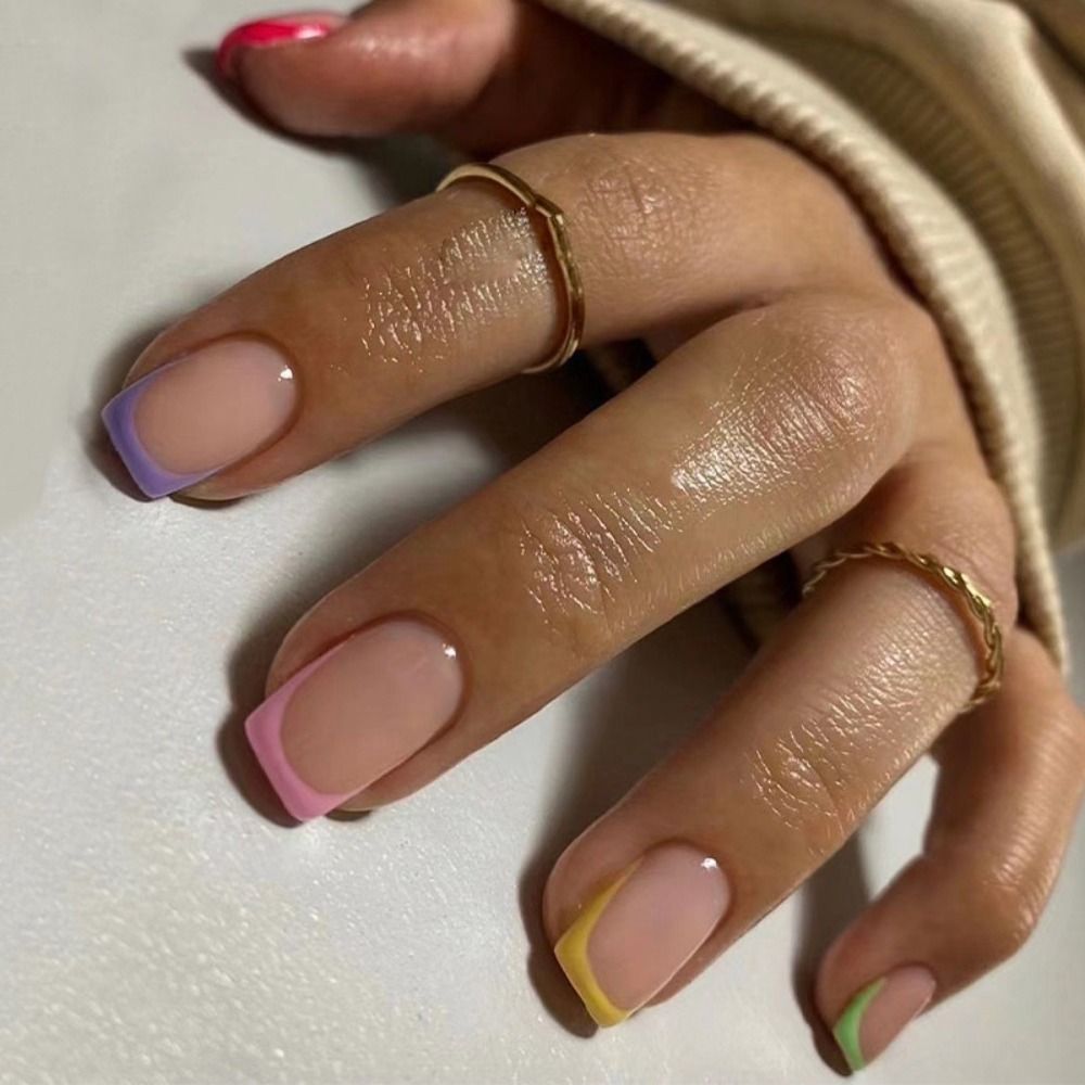 24pcs False Nail Full Cover Fake Nail Elegant Pink Gradient Glitter French Short Nails Coffin Short False Nail Press On Nails D4