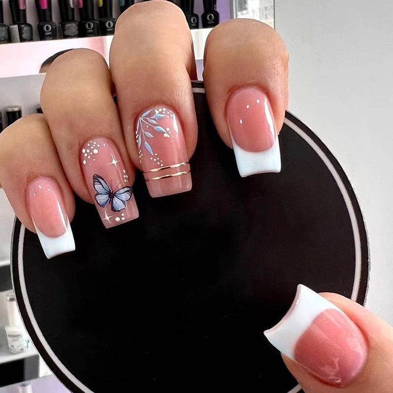 24pcs False Nail Full Cover Fake Nail Elegant Pink Gradient Glitter French Short Nails Coffin Short False Nail Press On Nails E1